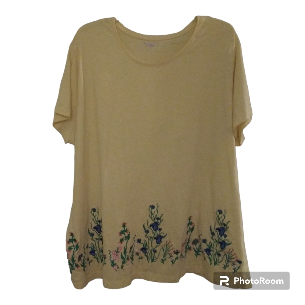 Laura Scott size 3X Yellow round Neck Woman's Short-Sleeve   Floral hem blouse
